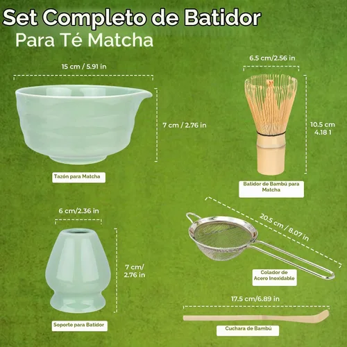 Vista 2 de Juego de batidor Matcha – Kit tradicional de 5 piezas con cuenco de cerámica que incluye batidor de bambú, cuchara, tamiz y soporte para batidor