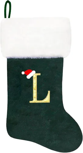 Vista 35 de Calcetines de Navidad bordados de 20 pulgadas con monograma, terciopelo negro con puño de felpa blanca supersuave, adornos clásicos para decoración