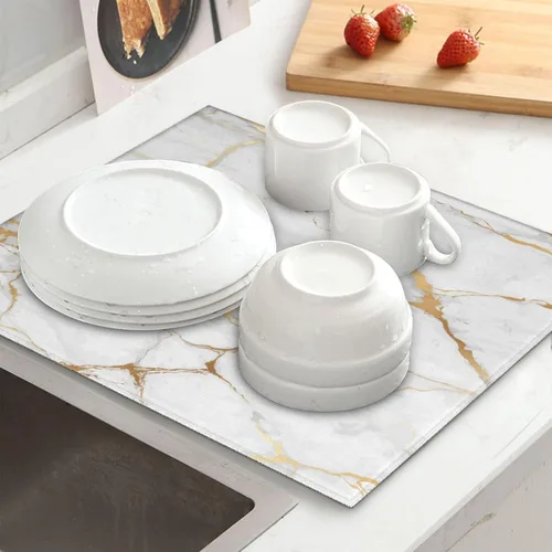 Vista 8 de Tapete de secado de platos de mármol blanco dorado para encimera de cocina, absorbente de 16 x 18 pulgadas, placa de microfibra de vidrio