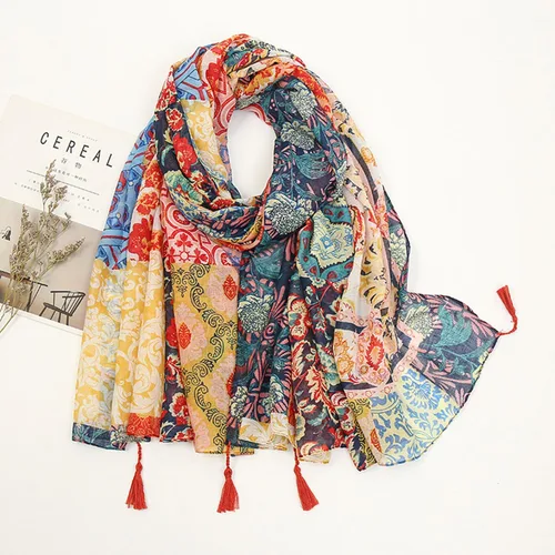 Vista 4 de YOUR SMILE Bufanda bohemia grande para mujer, bufandas ligeras con estampado floral, para otoño e invierno, a la moda, con flecos