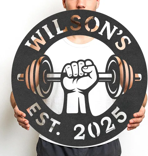 Vista 44 de Cartel de metal personalizado para gimnasio con nombre, arte de pared para sala de entrenamiento en casa, garaje, espacio de fitness, decoración