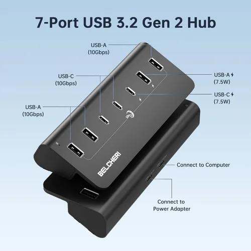 Vista 5 de Hub USB alimentado de 7 puertos, divisor USB de datos de alta velocidad de 10 Gbps (4 puertos USB-A y 3 puertos USB-C), concentrador de aluminio