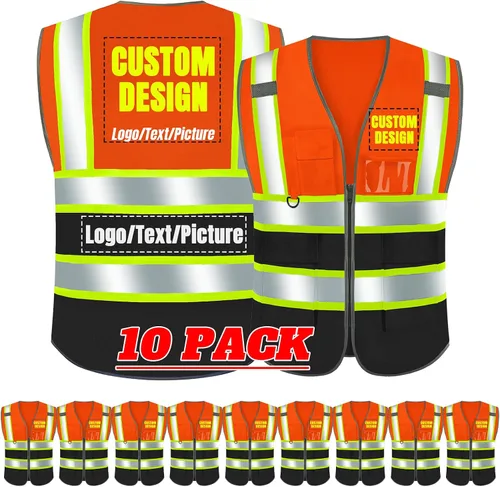 Vista 10 de BeautyWill Chaleco de seguridad con logotipo personalizado Class2 Chaleco reflectante de alta visibilidad con bolsillos y cremallera chaleco