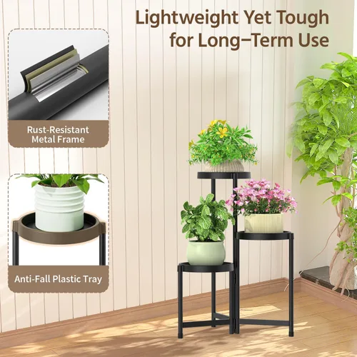 Vista 6 de LASZOLA Soporte plegable de 3 niveles para plantas de interior para múltiples macetas grandes, estante ajustable alto y resistente con estantería