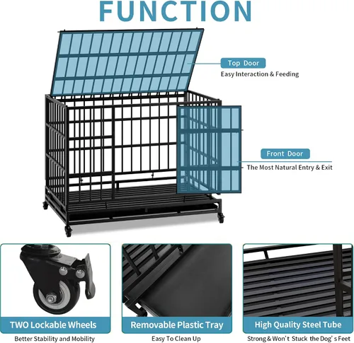 Vista 3 de Jaula plegable indestructible para perros con ruedas, jaula de metal resistente a prueba de escapes de 48 pulgadas para perros grandes y medianos
