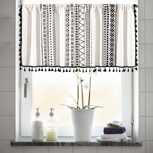 Vista 12 de RYNGHIPY Cenefa de cortina de crochet para ventana de cocina, cortinas de macramé desgastadas con borlas, tratamiento de ventana de encaje