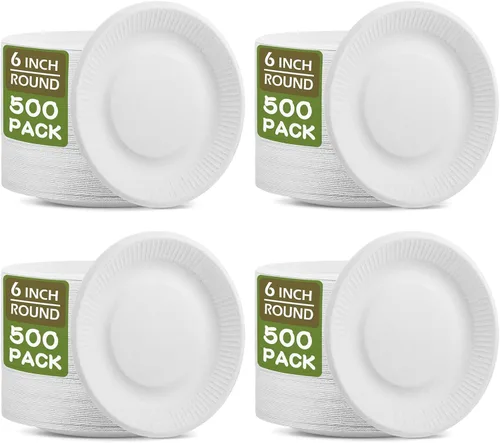 Vista 9 de Mimorou 500 platos de papel 100% compostables a granel, platos de papel desechables de caña de azúcar, color marrón, a granel, pequeños, postres
