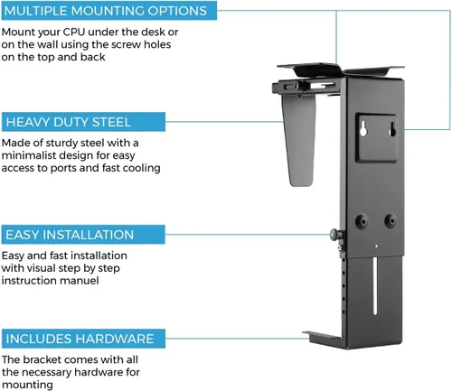 Vista 4 de HumanCentric Soporte ajustable para computadora debajo del escritorio y montaje en pared, soporte para CPU se adapta a la mayoría de fundas de PC