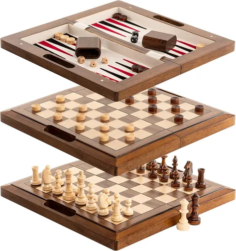 Vista 2 de 15.5'' Deluxe Solid Wood 3-in-1 Chess Set: Portable Chess, Backgammon, and Checkers with Hollow Handle Box, Folding Board for Travel, Suitable for