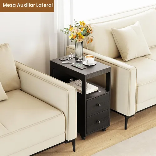 Vista 8 de Mesa auxiliar estrecha con estación de carga y ruedas, mesa auxiliar de sofá estrecha móvil con puertos USB y salidas para espacio pequeño, sala