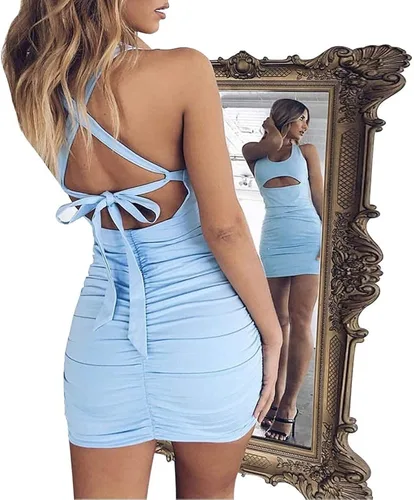 Vista 3 de Feeke 8121 - Jumpsuit sexy para mujer escotado por atrás sin mangas tirantes espagueti fruncido bodycon minivestido