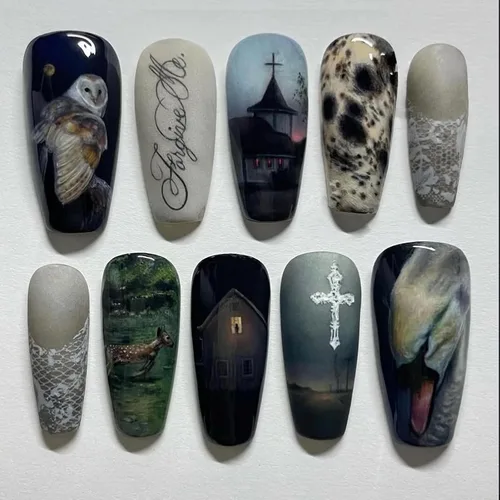 Vista 21 de MISUD Uñas Postizas - Uñas Largas Forma Ataúd con Pegamento en Negro Gótico, Diseño Acrílico Gótico de Rosa 24 piezas