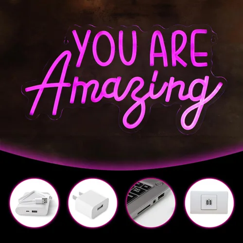 Vista 3 de Hoolerry Letrero de neón con texto en inglés «You Are Amazing Light» para dormitorio, luz LED de neón rosa, para cumpleaños, niñas, fiesta, pared