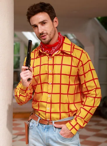 Vista 3 de Arvilhill Camisa Woody para hombre, camisa de vaquero a cuadros con botones, chaleco con estampado de vaca de Halloween, disfraz de Woody