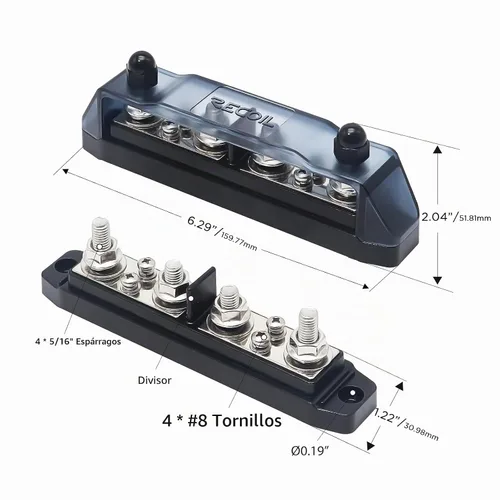 Vista 5 de RECOIL BBPG4 Barra de distribución positiva y negativa con 4 pernos de 5/16” (M8) y 4 terminales de tornillo #8, bloque de distribución de potencia