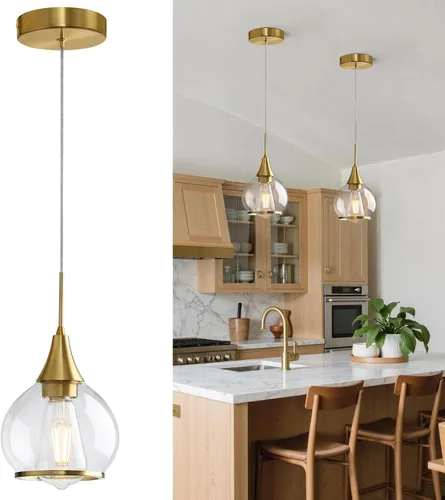 Vista 19 de Luces Colgantes para Isla de Cocina: Lámpara de Estilo Granja Dorada Cepillada con Vidrio Transparente - Globo de Mediados de Siglo de 10 Pulgadas