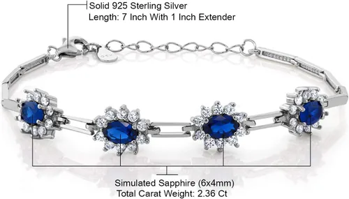 Vista 5 de Gem Stone King Pulsera de tenis de plata de ley 925 con zafiro simulado para mujer (2.36 quilates, 7 pulgadas con extensor de 1 pulgada), Metal