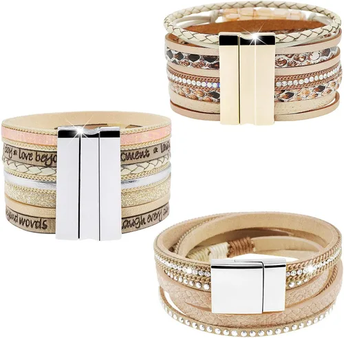 Vista 5 de Leather Wrap Bracelet Set 3Pack Wrist Cuff Bracelet for Women Multilayer Magnetic Clasp Bracelet Feather Tree Bead Crystal Bracelet