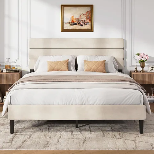 Vista 20 de WLIVE Base de cama tapizada, marcos de cama individual con cabecero, cama de plataforma con listones de madera, base de colchón de 600 libras,