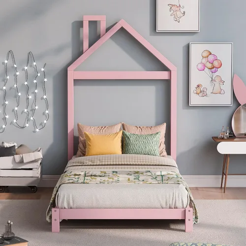 Vista 3 de Merax Cama de plataforma de madera tamaño individual con cabecero en forma de casa para niños y niñas, rosa