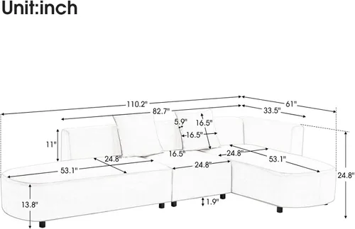 Vista 2 de Daesar Sofás modernos de lujo en forma de L, tapizado gris para espacios pequeños, sala de estar, dormitorio, estudio, apartamento