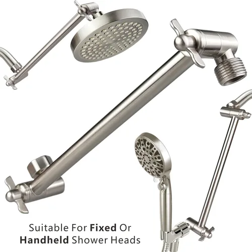 Vista 4 de Brazo de extensión de cabezal de ducha, brazo de ducha de latón macizo de 11 pulgadas con conexión universal a cabezales de ducha, fácilmente Níquel