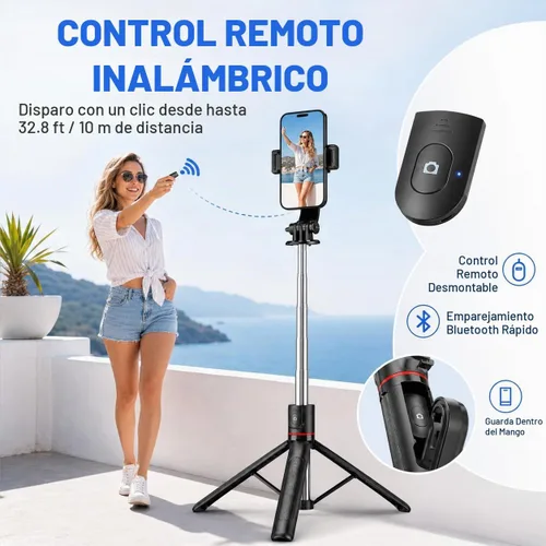 Vista 5 de Trípode desmontable para teléfono de 67 pulgadas, palo para selfie, portátil, extensible, cámara estable, fácil de selfie, con control remoto