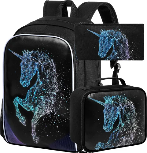 Vista 8 de 3 piezas de mochilas infantiles para niñas, 41 cm, mochila escolar preescolar y lonchera con diseño de unicornio/sirena/flamenco Mochila