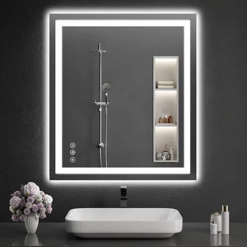 Vista 37 de Espejo de baño LED de 30 x 48 pulgadas con luces, regulable, antivaho, espejo de tocador de baño para pared, retroiluminado + luz frontal, función