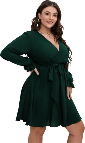Vista 3 de SCOMCHIC Vestido corto de manga larga con cuello en V y lazo en la cintura para mujer