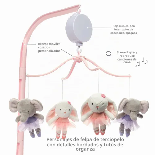 Vista 4 de Bedtime Originals Tiny Dancer - Cuna musical para bebé, color rosa, animales, elefante