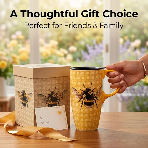 Vista 7 de DUSVALLY Taza de cerámica grande Taza de café alta Tazas de viaje de porcelana Taza de café con tapa de 17 onzas, Abeja