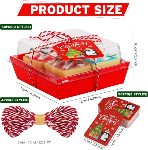 Vista 3 de Yaomiao 50 piezas de cajas de charcutería de Navidad con cuerdas y tarjetas, caja de comida de Navidad con tapas transparentes, contenedores