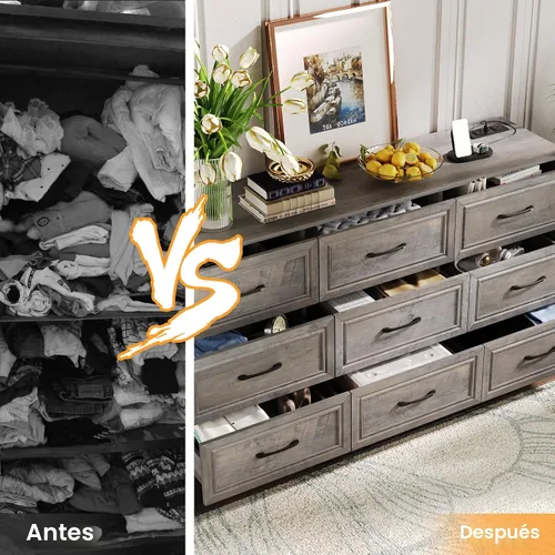 Vista 7 de Fameill - Cómoda para dormitorio, organizador de 9 cajones con estación de carga, cómoda alta para pasillo, cómoda de madera con tiradores de metal