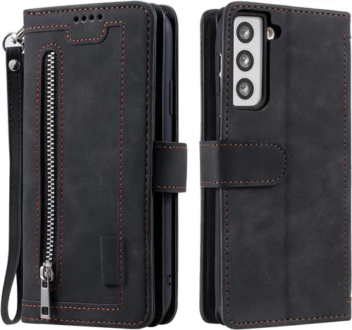 Vista 8 de UEEBAI Funda tipo cartera para Samsung Galaxy S22 5G, Retro 9 ranuras para tarjetero, bolsillo con cremallera, cierre magnético, función atril
