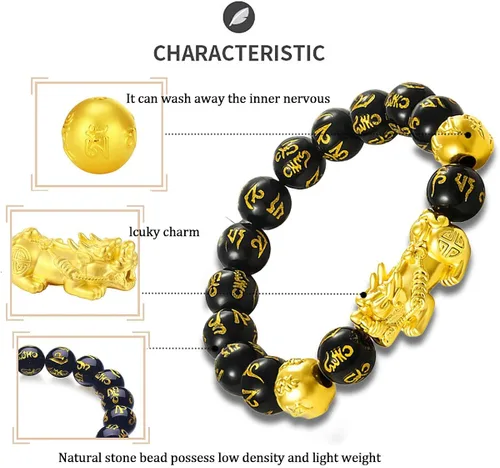Vista 3 de RIOSO Feng Shui - Pulseras de buena suerte para hombres y mujeres con cuentas de obsidiana y dragón de la suerte, pulsera Pixiu Pi Yao atrae riqueza