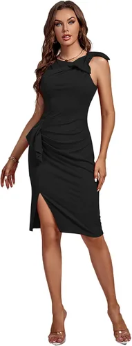 Vista 6 de LYANER Elegante vestido de tubo para mujer, con volantes, fruncido, con cuello redondo, vintage, entallado, para cóctel, fiesta