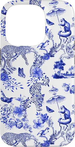 Vista 17 de French Blue Toile Chinoiserie with Flowers, Monkey, Leopards Case for iPhone 17