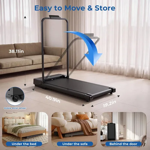 Vista 7 de Walking Pad, Treadmill with Handle Bar Foldable Treadmills for Home Indoor Under Desk Portable Compact Electric Walk Pads Small Spaces Office Negro
