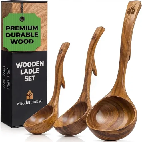 Vista 10 de Cucharón de madera para sopa, juego de cucharones de madera de teca de gran