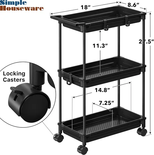Vista 3 de SimpleHouseware Carrito de almacenamiento delgado de 3 niveles, negro