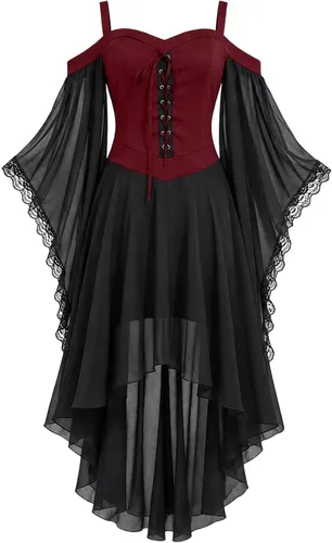 Vista 4 de Vestido de bruja gótica steampunk para niñas, disfraz de vampiro, cosplay Rojo
