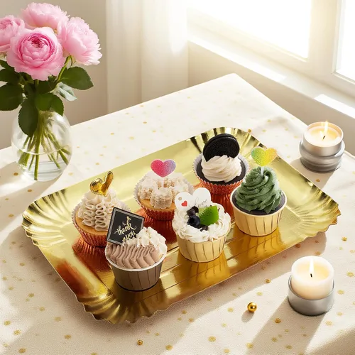 Vista 5 de 10 piezas de bandejas rectangulares doradas, de papel de cartón desechable resistente para platos, para elegante mesa de postres, exhibición