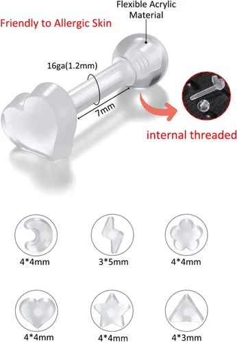 Vista 3 de PiercingJ Aretes de cartílago de acrílico transparente de 0.56 oz, anillo de plástico para lengua tragus, lindo corazón, estrella, nariz, labio