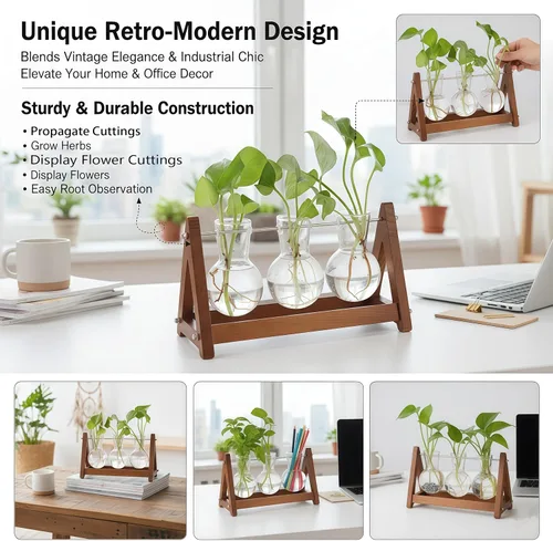 Vista 6 de Terrario para plantas con soporte de madera, jarrón de vidrio de 3 bombillas, soporte de metal, maceta hidropónica retro para decoración de hogar