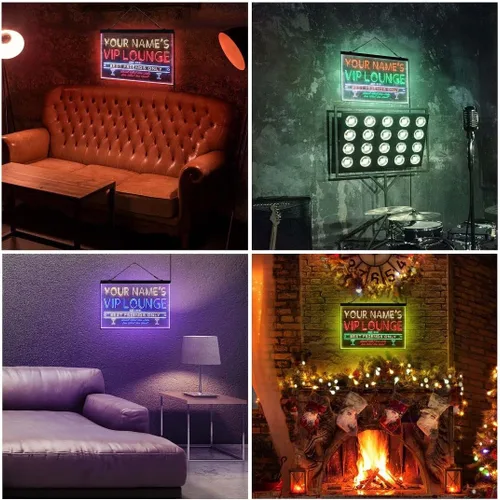 Vista 6 de Letrero de luz de neón LED tricolor personalizado VIP Lounge Bar Personalizar Nombre Fecha Texto Cita Fuente Verde y Rojo y Amarillo 13 x 8.7