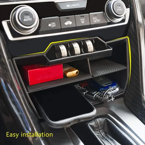 Vista 4 de Caddy impermeable de plástico ABS para Honda Civic Sedan 10ª generación, caja de consola central, bandejas para monedas, organizador con cable