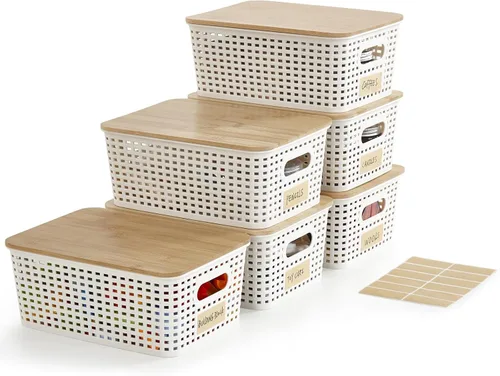 Vista 16 de Bagnizer Contenedores pequeños de plástico con tapas de bambú de 5.2 cuartos de galón, cesta apilable para despensa, contenedores decorativos lindos