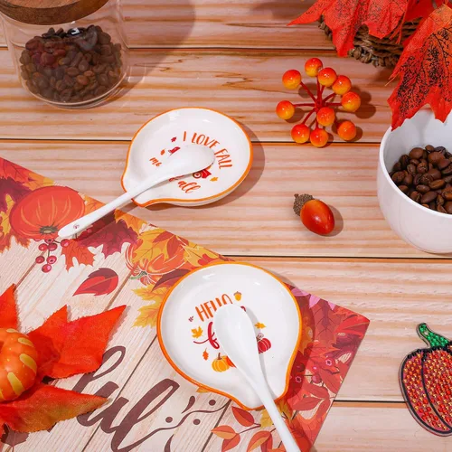 Vista 4 de Whaline Soporte para cucharas de cerámica de otoño, camión de calabaza, pequeño soporte para cucharas de café para agitadores de café, cucharadita