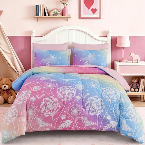 Vista 12 de Dinjoy Juego de edredón de 6 piezas para niñas, juego de ropa de cama colorido de arcoíris degradado tamaño individual, cama en una bolsa para niños